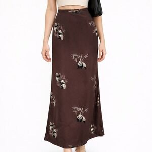Vintage ILYSE HART LTD 90s Maxi Skirt Brown Panda Print 12 Fairy Cottagecore